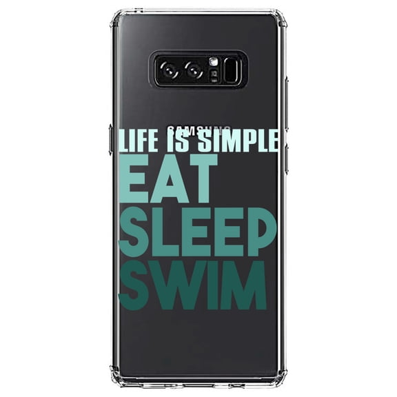 DistinctInk Clear Shockproof Hybrid Case for Samsung Galaxy Note 8 - TPU Bumper Acrylic Back Tempered Glass Screen Protector - Life Is Simple Eat Sleep Swim