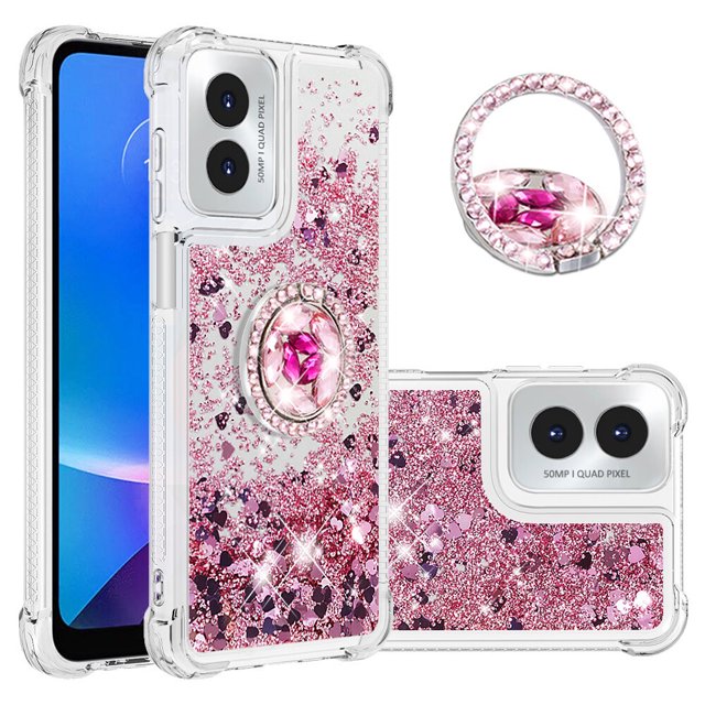 Funda para Motorola Moto G Play 4G 2024 con Brillo Líquido Flotante, Purpurina, Parachoques y Anillo Giratorio Soporte