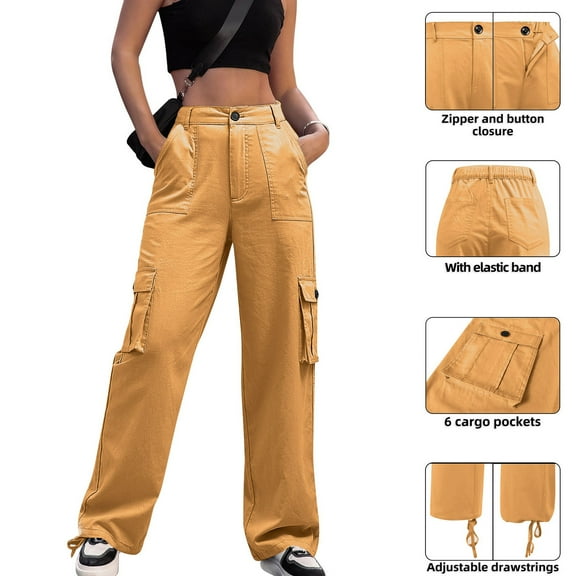 HWRETIE Women High Waisted Cargo Pants Wide Leg Casual Pants with Pockets Outdoor Work Pants Solid Color High Waisted Military Pants Yellow(XL)