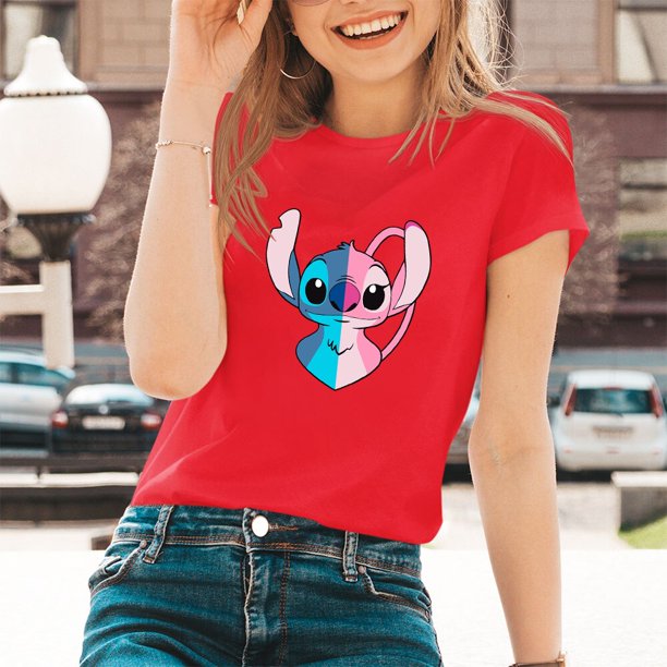 Lilo & Stitch Cartoon Pattern T-shirts Female Kawaii Harajuku Outdoor Fashion Dropship Diseny O-Neck Women T Shirts Black WhiteM Gao Jinjia LED