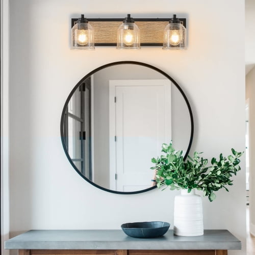 ACE-LIGHTS,3-Light Farmhouse Vanity Light Fixture,Bathroom Wall Sconce(Bulb Not Included) with Clear Seeded Glass Shades,Modern Industrial Design for Bathroom,Bedroom,Entrance,Passage(Black)