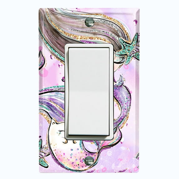Metal Light Switch Wall Plate Outlet Cover (Mermaid Cat Pattern Glitter Print Pastel - Single Rocker)