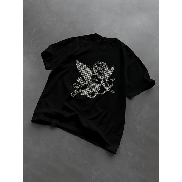 Camiseta informal de cuello redondo para hombre con estampado gráfico de ángel Cupido, algodón, ligera, de verano, holgada, estilo urbano, para exteriores, para uso diario | Camiseta versátil | Tejido