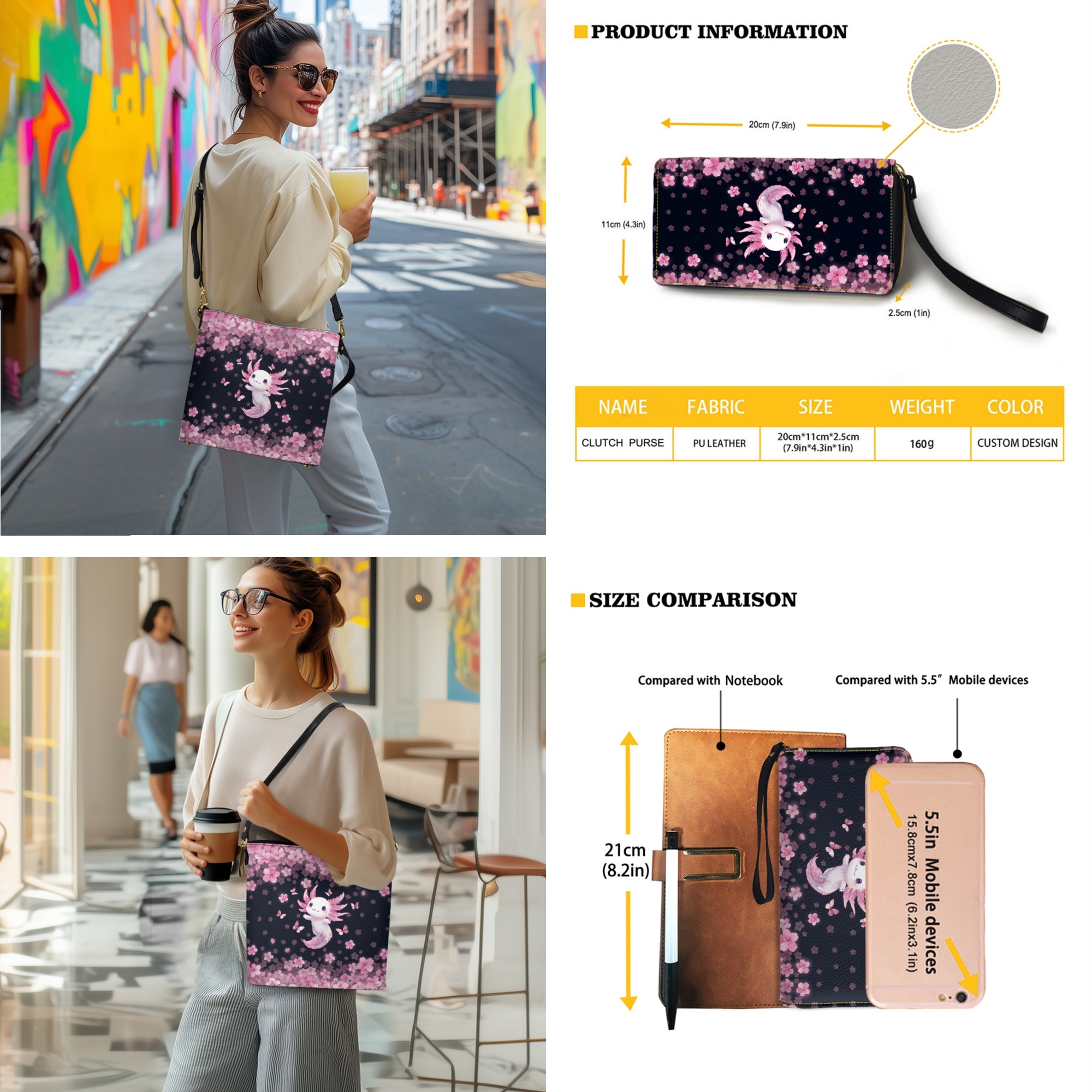 ZUXONGSY Axolotl Cherry Blossom Print Bucket Bag Tote Purse Set for Women Lightweight Top-Handle Handbags with Purse Multipurpose Shoulder Bag with Leather Wallet for Business