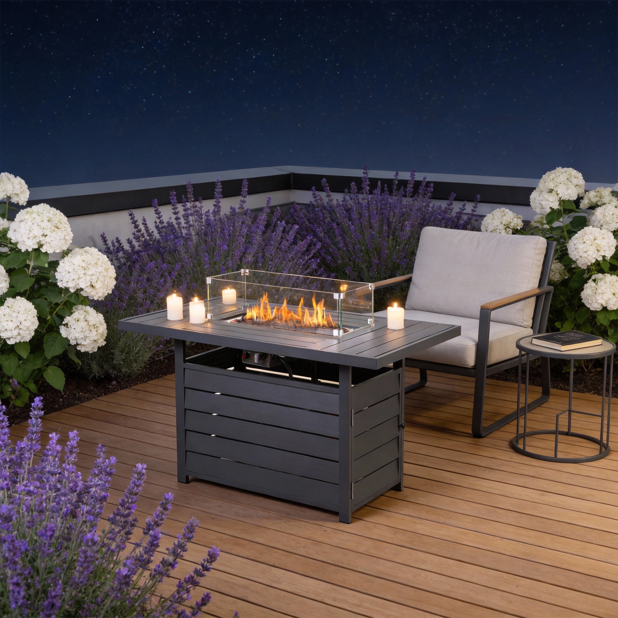 KIOOTTO 54" Aluminum Outdoor Gas Fire Pit Table, 50,000 BTU Propane Fire Table with Glass Shield & Lid, Rust-Free Rectangular Patio Coffee Table, Dark Gray