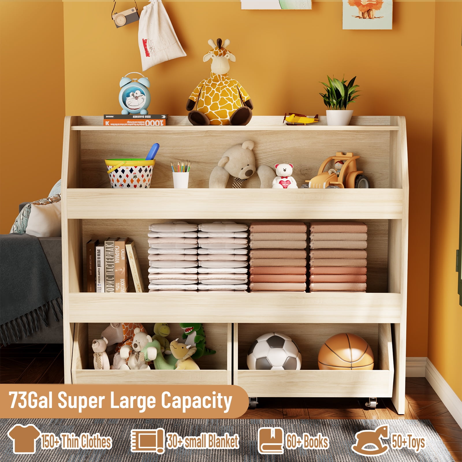 3-Tier Portable Toy Storage, Kids Toy Organizer W/2 Removable Bins with 4 Wheels（Wood)