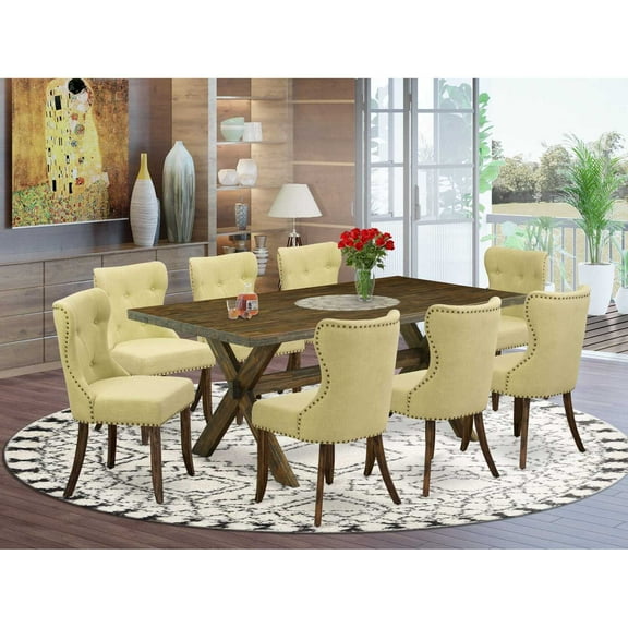 East West Furniture X-Style 9PC Wood Dining Set in Distressed Jacobean/Limelight
