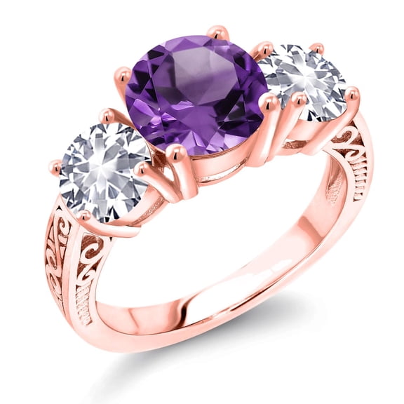Gem Stone King 18K Rose Gold Plated Silver Purple Amethyst and White Created Sapphire Engagement Ring for Women | 3.70 Cttw | Round 8MM | Gemstone February Birthstone | Size 9
