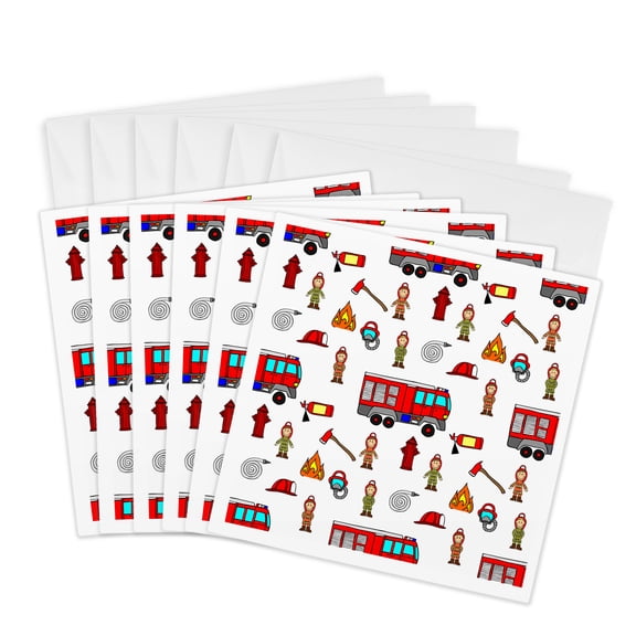 3drose, Funny Pattern of Brave Firemen Fire Trucks Equipment Around Fire, 6 Greeting Cards with Envelopes