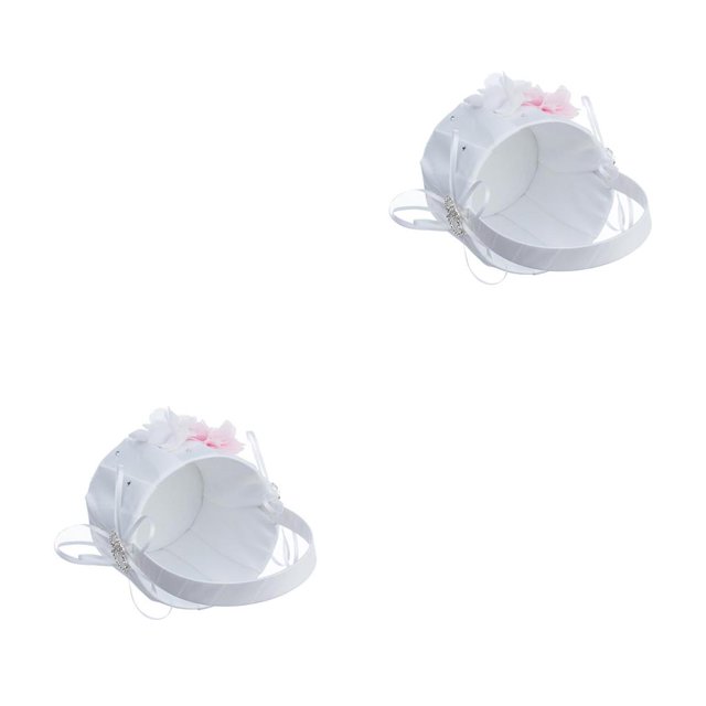 Cateissary Cesta delicada de marfil para niña con lazo de boda, perla de imitación, decoración en forma de corazón Rosa 2Conjunto