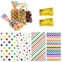 100 Pcs Transparent Rainbow Colors Cellophane Treat Bags with Gold Twist Ties, 10.6" x 4.9" Plastic Candy Cookie Snack Goodie Gift Bags for Party Favors