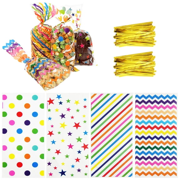100 Pcs Transparent Rainbow Colors Cellophane Treat Bags with Gold Twist Ties, 10.6" x 4.9" Plastic Candy Cookie Snack Goodie Gift Bags for Party Favors
