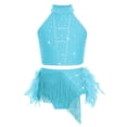thumbnail image 2 of TiaoBug Kids Girls Dance Outfit 2-Piece Rhinestones Crop Top and Feather Tassel Skirt Latin Jazz Dancewear Blue Green 10, 2 of 6