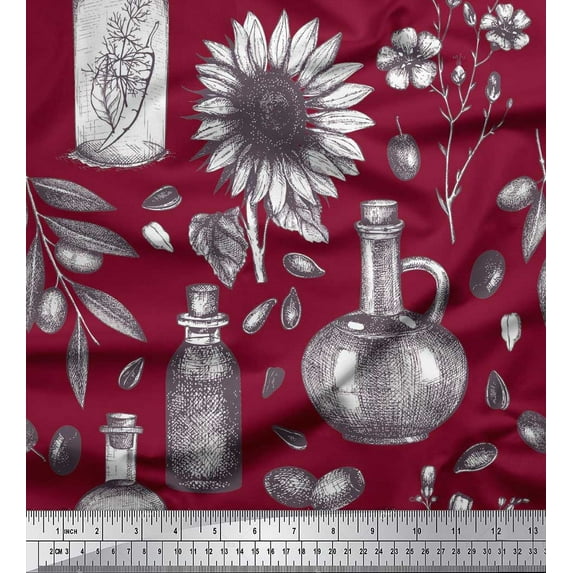 Soimoi Japan Crepe Satin Fabric Sunflower & Jar Vintage Print Fabric by Yard 42 Inch Wide
