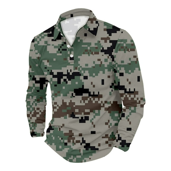 Charmgo Mens Polo Shirts Clearance, Men's Long Sleeve 3D Printed Camo Shirt Camouflage Lapel Button Shirts Mens T-Shirts, Polo Shirts for Men Army Green L