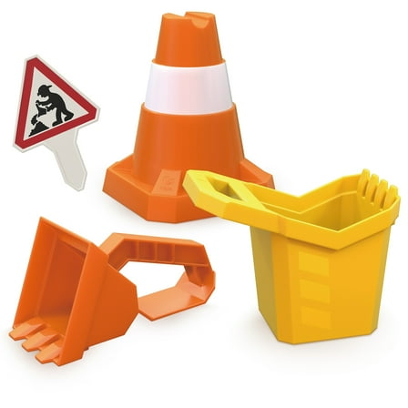 Hape: Sand Construction Playset - 4pc Beach Toy Set, Digger Bucket, Bulldozer Shovel, Safety Cone, Indicator, Scoop & Dig, Water Play, Kids Ages 3 