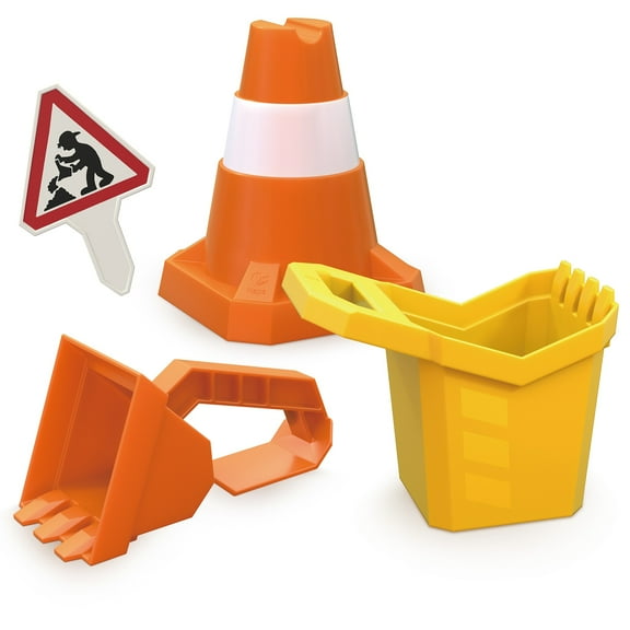 Hape: Sand Construction Playset - 4pc Beach Toy Set, Digger Bucket, Bulldozer Shovel, Safety Cone, Indicator, Scoop & Dig, Water Play, Kids Ages 3 