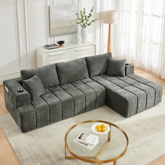 Aukfa 108" Cloud Sectional Sofa, Deep Seat Modular L-Shape Boneless Couch with 2 Cup Holders & Side Pockets, Right Chaise, Chenille, Dark Gray