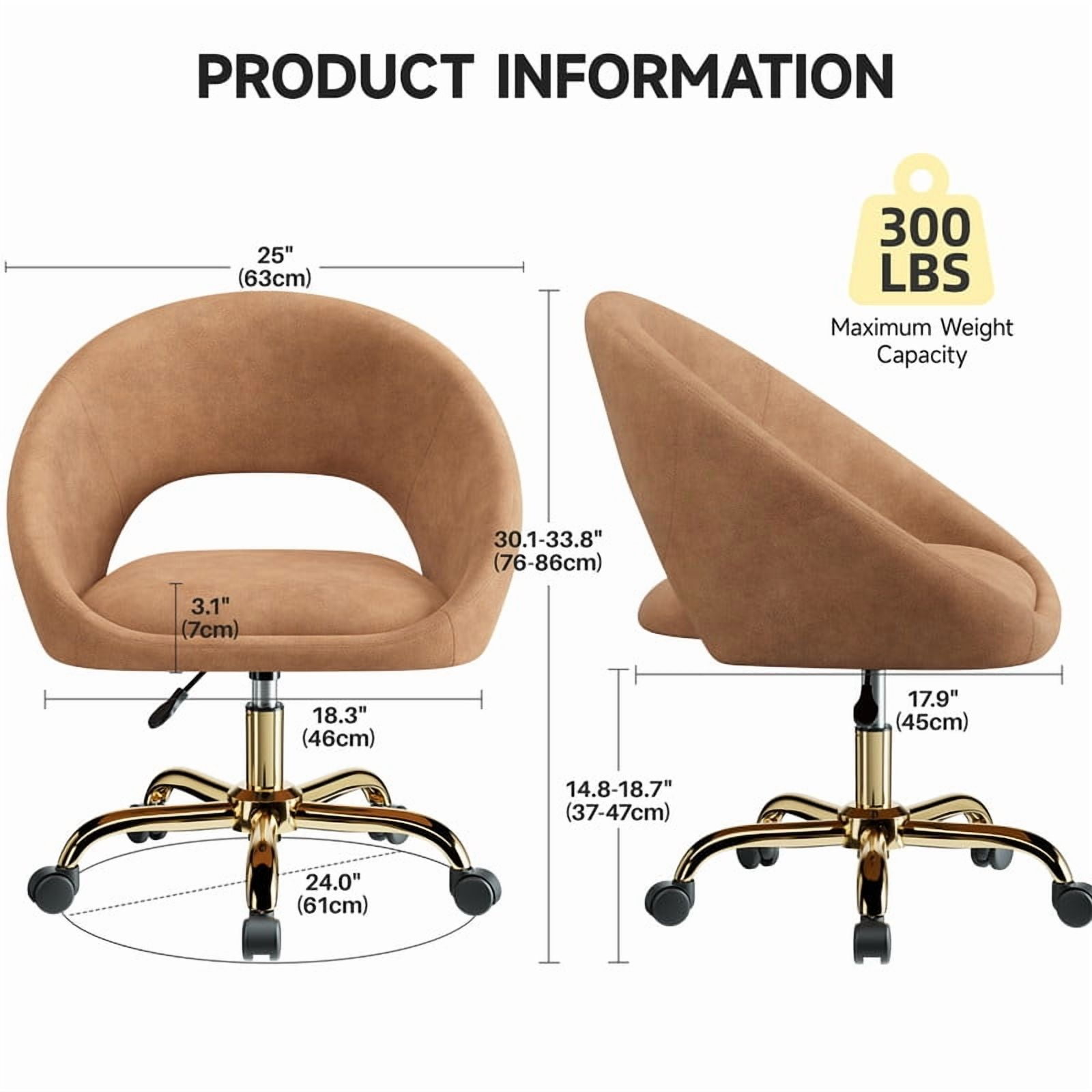 ATHOPE Vanity Chair, Fleece Office Chair with Gold Wheels, Comfy Home Office Desk Chair for Girls, Swivel Make Up Chair, Nail Tech Chair for Bedroom, Small Space, Brown