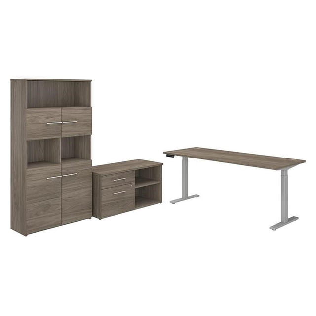 Pemberly Row 72W Adjustable Desk with Storage in Hickory - Engineered Wood