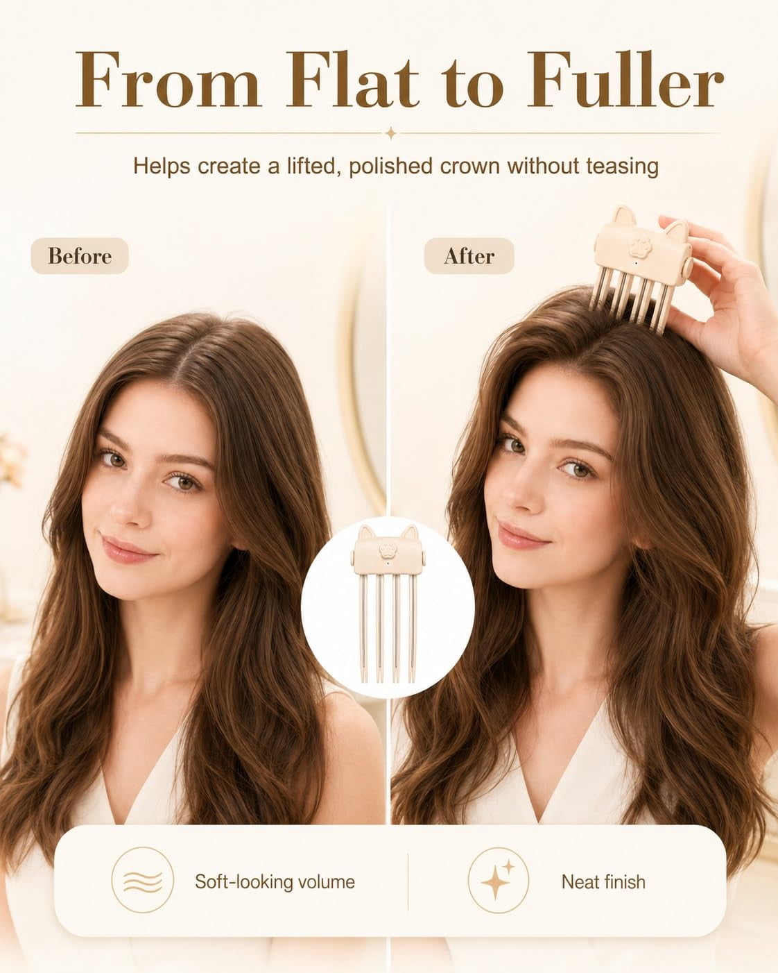Wireless Heated Volumizing Root Lift Clip for Flat Fine Hair.Portable Travel Crown Lifting Volumizer Styling Tool Type-C Rechargeable Quick Volume Comb with 2 Heat Settings