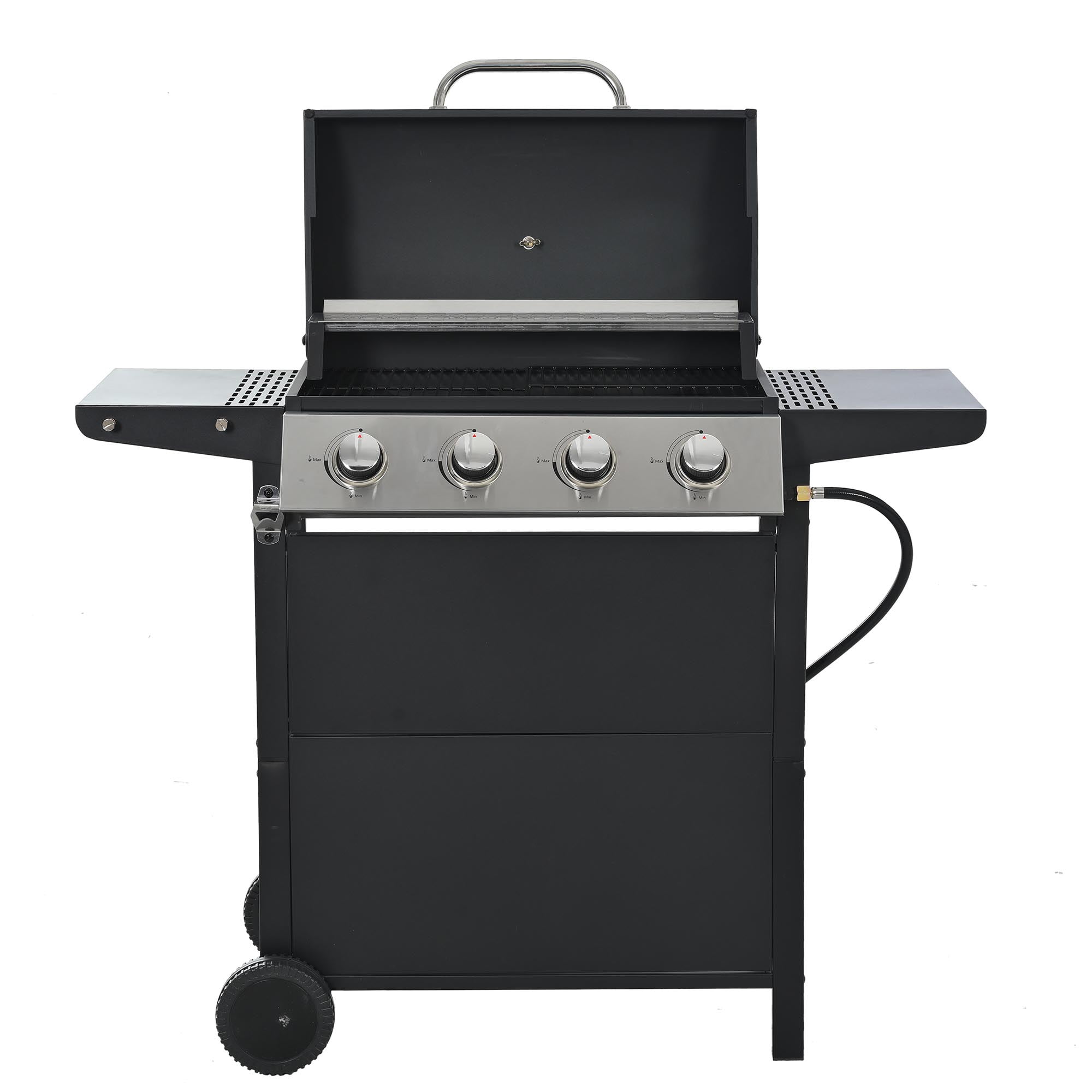 Stainless Steel BBQ Gas Grill 4-Burners Side Burner Thermometer Two Shelves Grilling Space Patio Garden Barbecue - Black