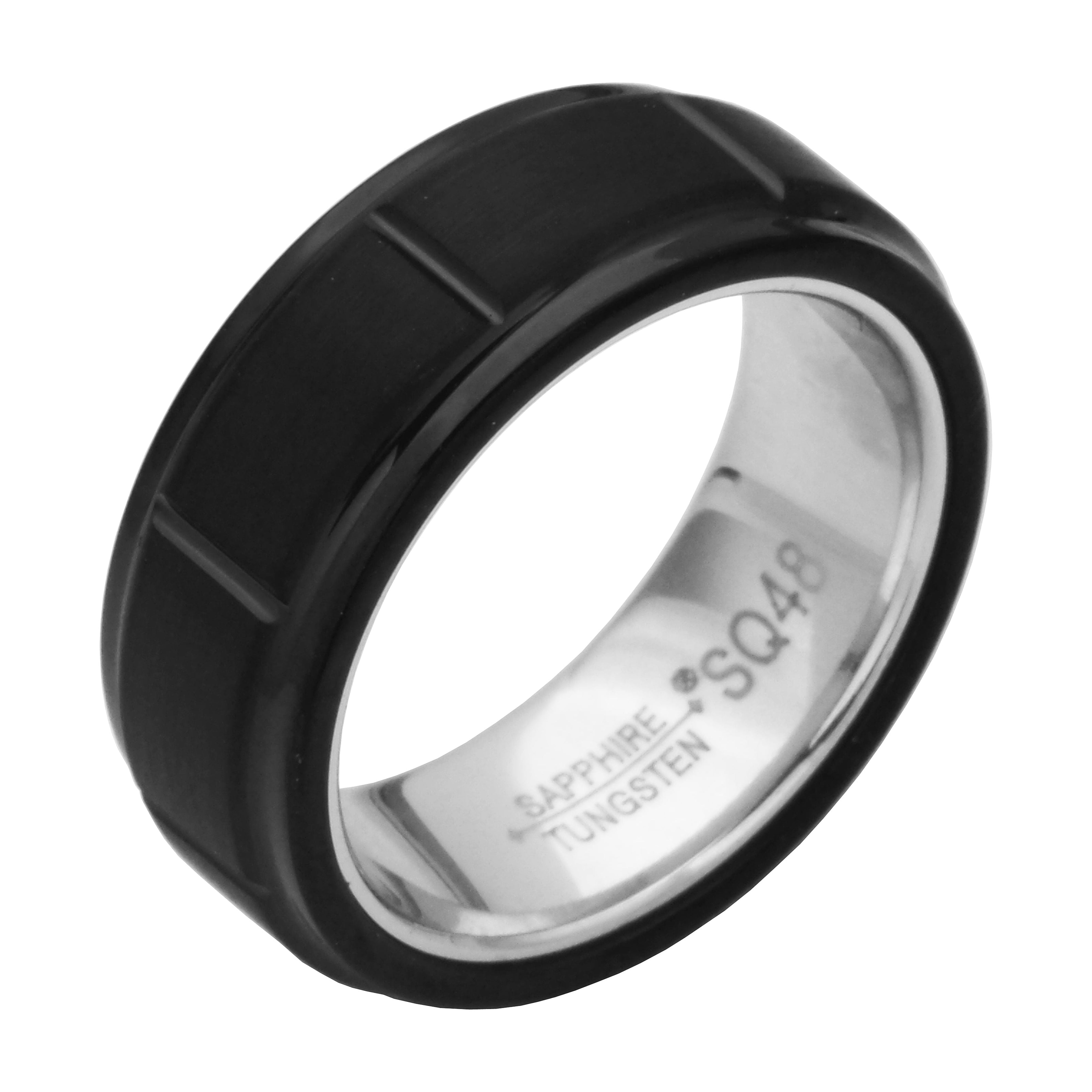 Men's Black Sapphire Tungsten 8mm Titanium with White PVD Interior Comfort Fit Wedding Band, Size 10.5