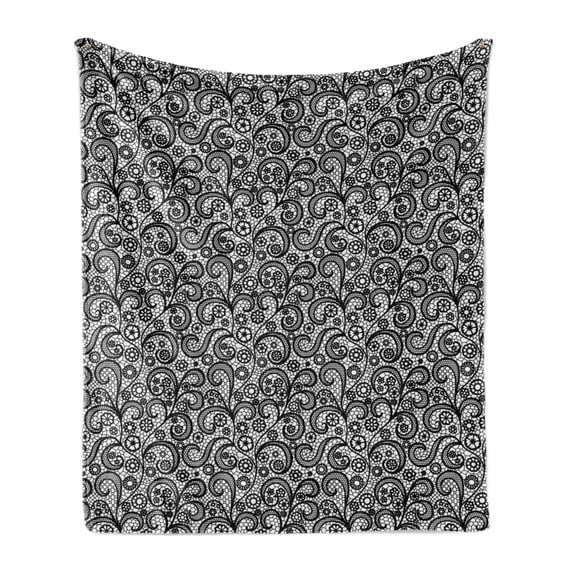Art Deco Soft Flannel Fleece Throw Blanket, Monochrome Lace Effect Geometrical Pattern with Botanical Elements, Cozy Plush for Indoor and Outdoor Use, 50" x 60", Charcoal Grey and White, by Ambesonne