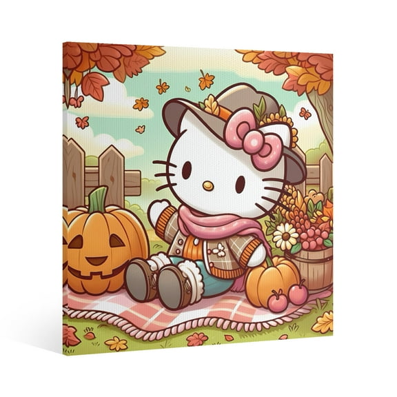 Hello Kitty Thanksgiving halloween Canvas Wall Art Cartoon Wall Decor | HD Printed & Wooden framed wall art | Modern Wall Decor for Gift | Kids Room Decor | Made in USA 8x8 Inch