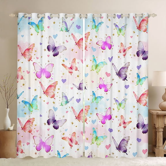 Manfei Teens Adults Flying Gradient Butterflies Black Out Curtains,Love Heart Print Curtains Pack of 2 (42x63 Each),Dreamy Princess Bedroom Curtains,Super Cozy Room Decor