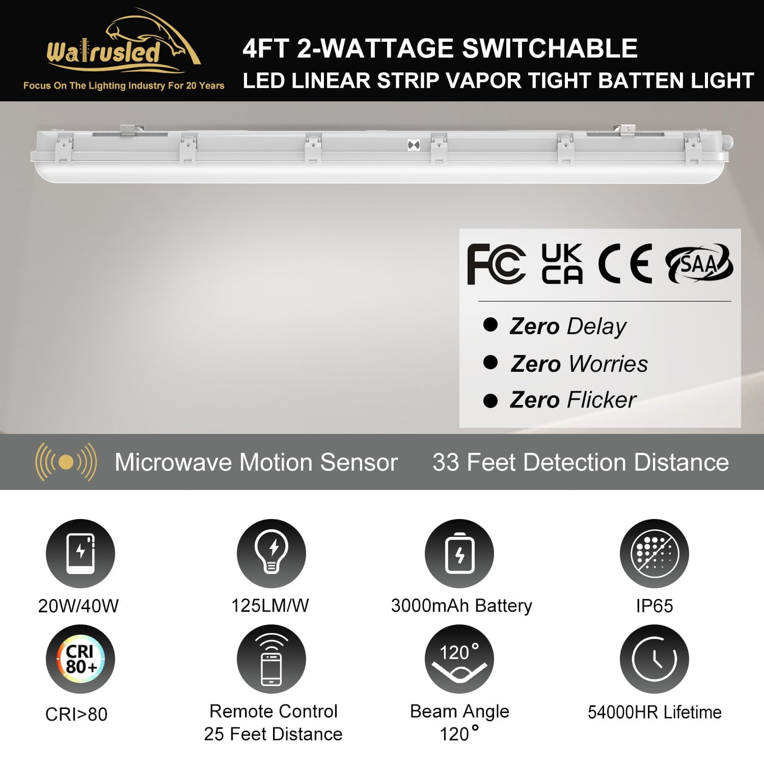 4FT Tri-Level Sensor LED Vapor Tight Emergency Light w/Remote, Battery Backup IP65 40W 5000lm Waterproof LED Outdoor Shop Light, 5000K, 100-277V, 0-10V Dimmable 4 Foot Carport Vapor Proof Fixture,FCC