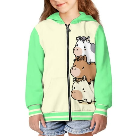 FUIALDOLG Oversized Hoodies for Girls Cartoon Horse Yellow Green Print Fleece Zip Up Sweatshirts Kids Fashion Casual Outfits Fall Winter Clothes with Pocket 6-7 Years