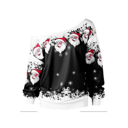 Womens Christmas Santa Claus Off Shoulder Tops Long Sleeve Casual ...