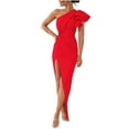 thumbnail image 2 of BLTIBY Womens Maxi Dress One Shoulder Ruched Ruffle Sleeveless Wrap High Slit Bodycon Wedding Guest Cocktail Party Dresses Red S, 2 of 9