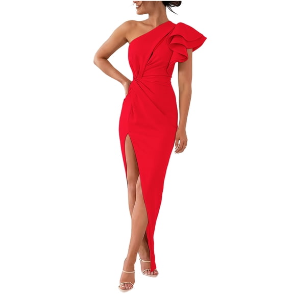 Levmjia Women Dress Sleeveless V Neck One Shoulder Solid Color Polyester Party Wedding Elegant Slit Design Comfortable Vacation