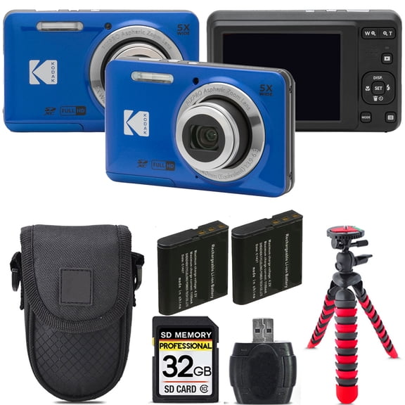 Kodak PIXPRO FZ55 Digital Camera (Blue)   Extra Battery  Tripod   Case -32GB Kit