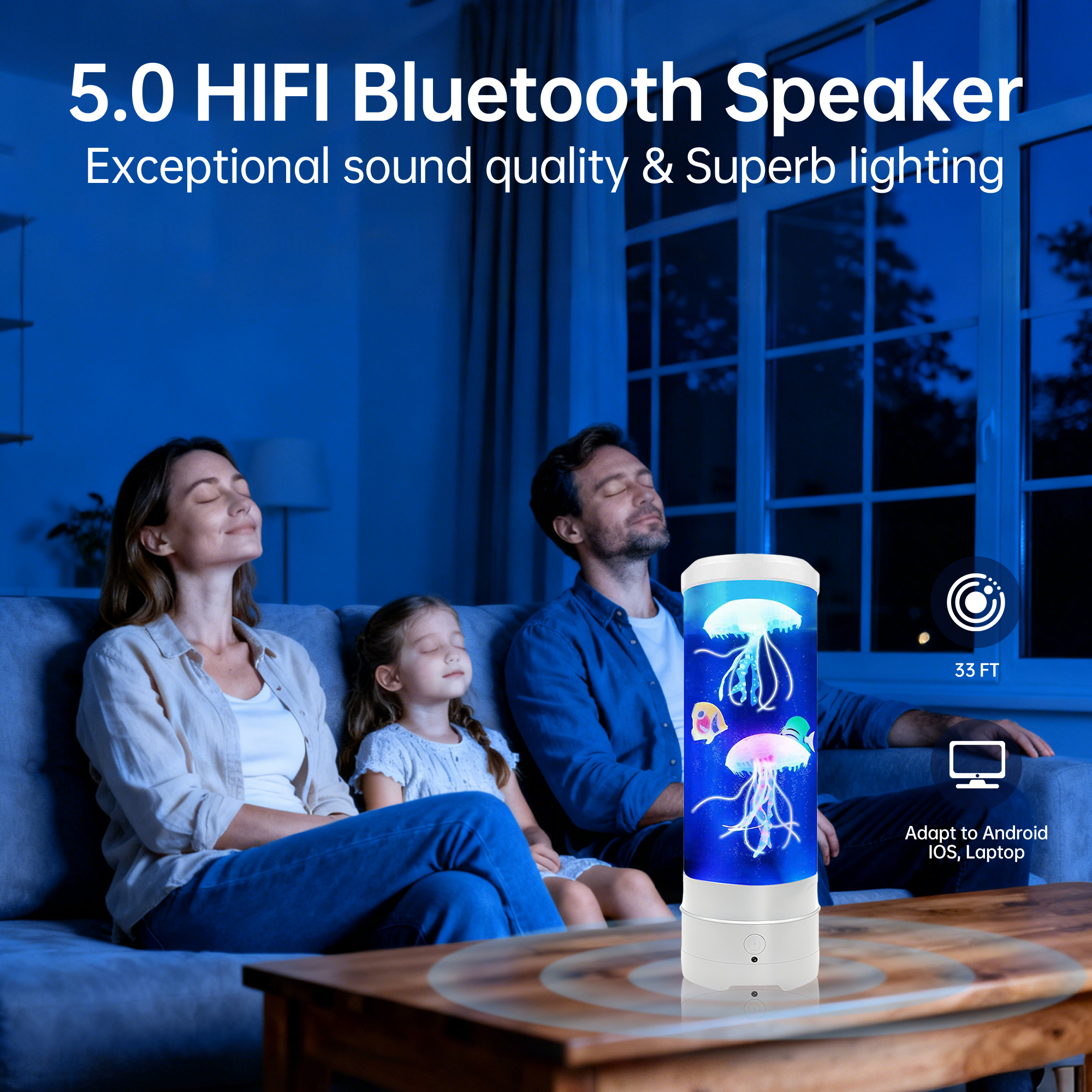 BravSco Jellyfish Lamp with Bluetooth Speaker, 17-Color Changing LED Table Light, 4 Lighting Modes, USB Powered, White, Teen Room Decor