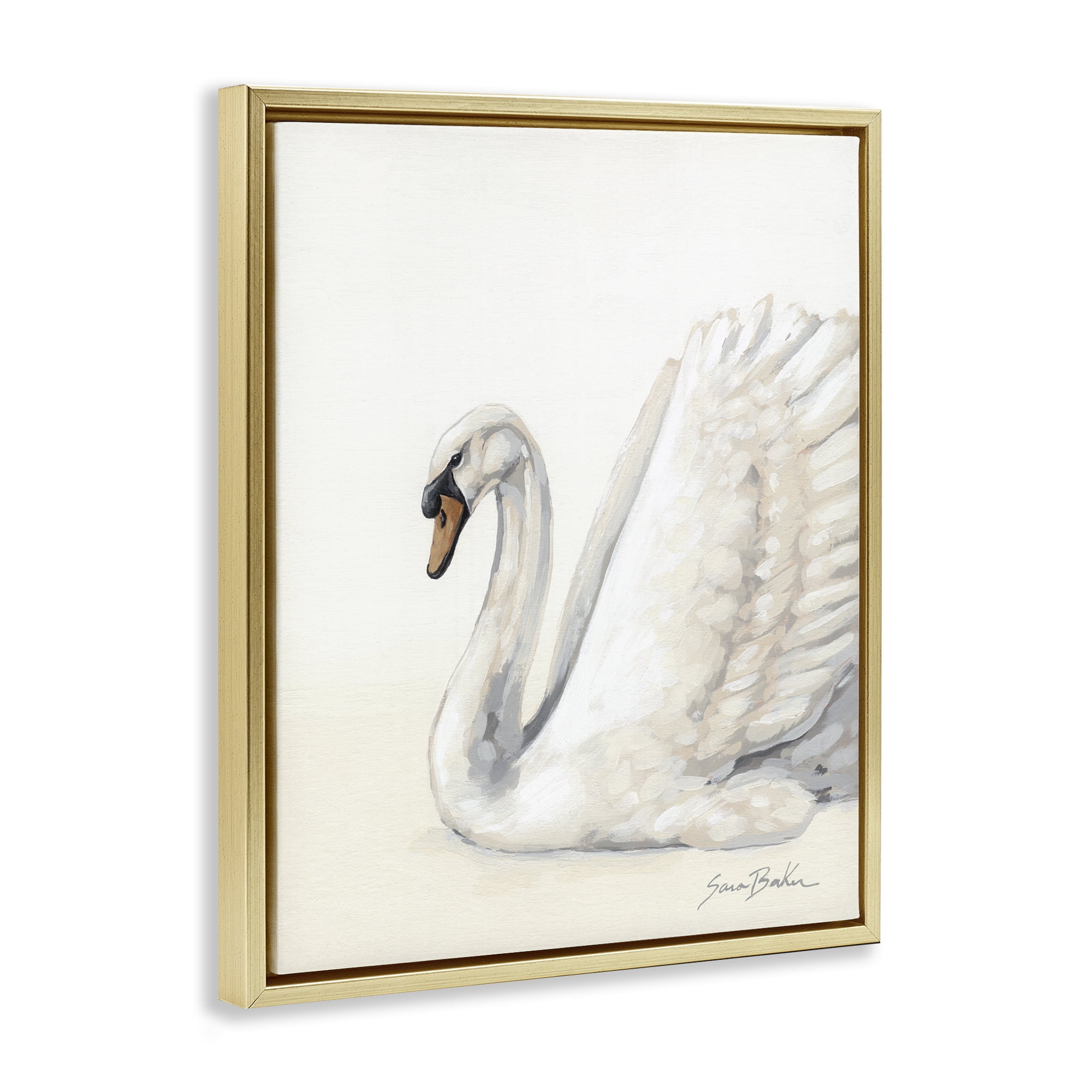 Stupell Industries White Swan in Repose Gold Framed Floater Canvas Wall Art, design by Sara Baker