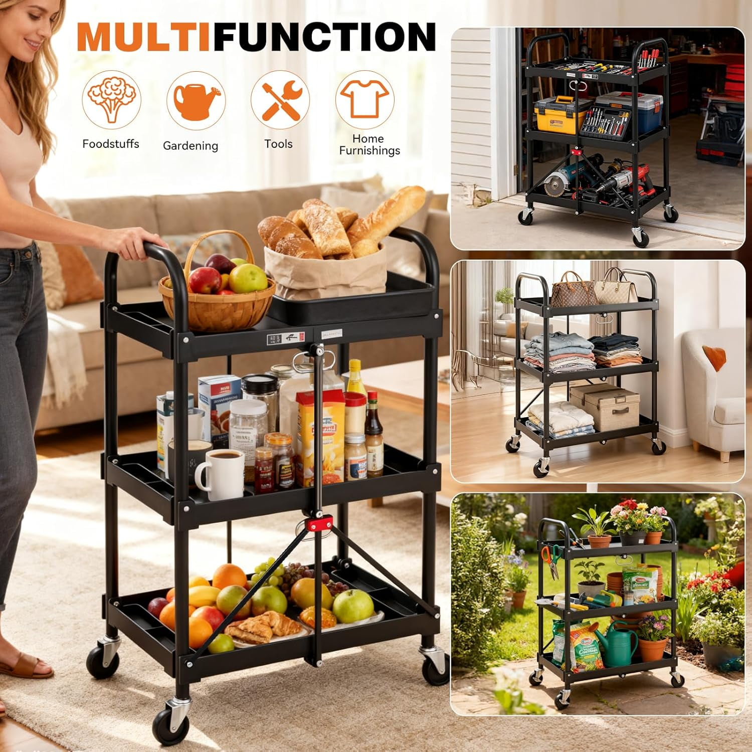 Gianna 3-Tier Foldable Utility Collapsible Service Cart, 120LBS Capacity, Black