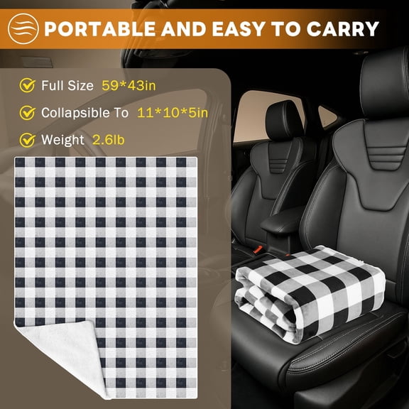 Loheer Heated Car Blanket, 12-Volt Electric Blanket for Car, Truck, SUV, RV, Portable Heated Throw for Camping, 3 Heat Settings, Grey Buffalo Plaid, 59" x 43”