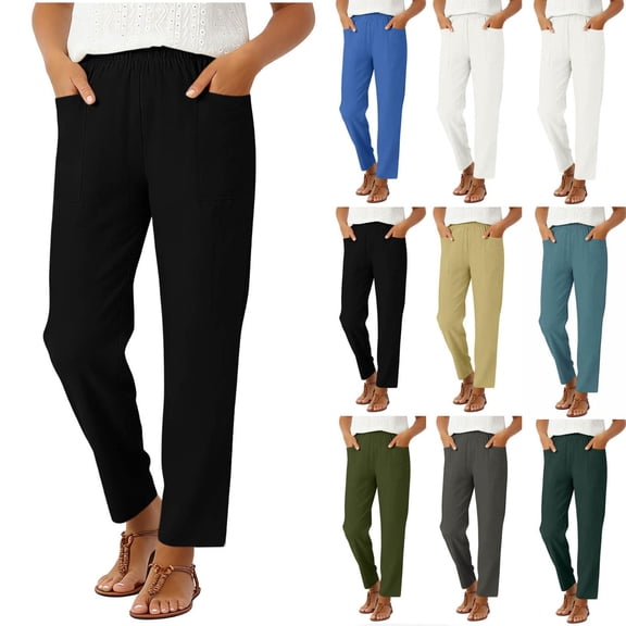 Oksale Straight Leg Pants for Women Stretch High Waisted Cotton Linen Pants with Pockets Petite Cozy Lightweight Summer Pants 2026 Black M