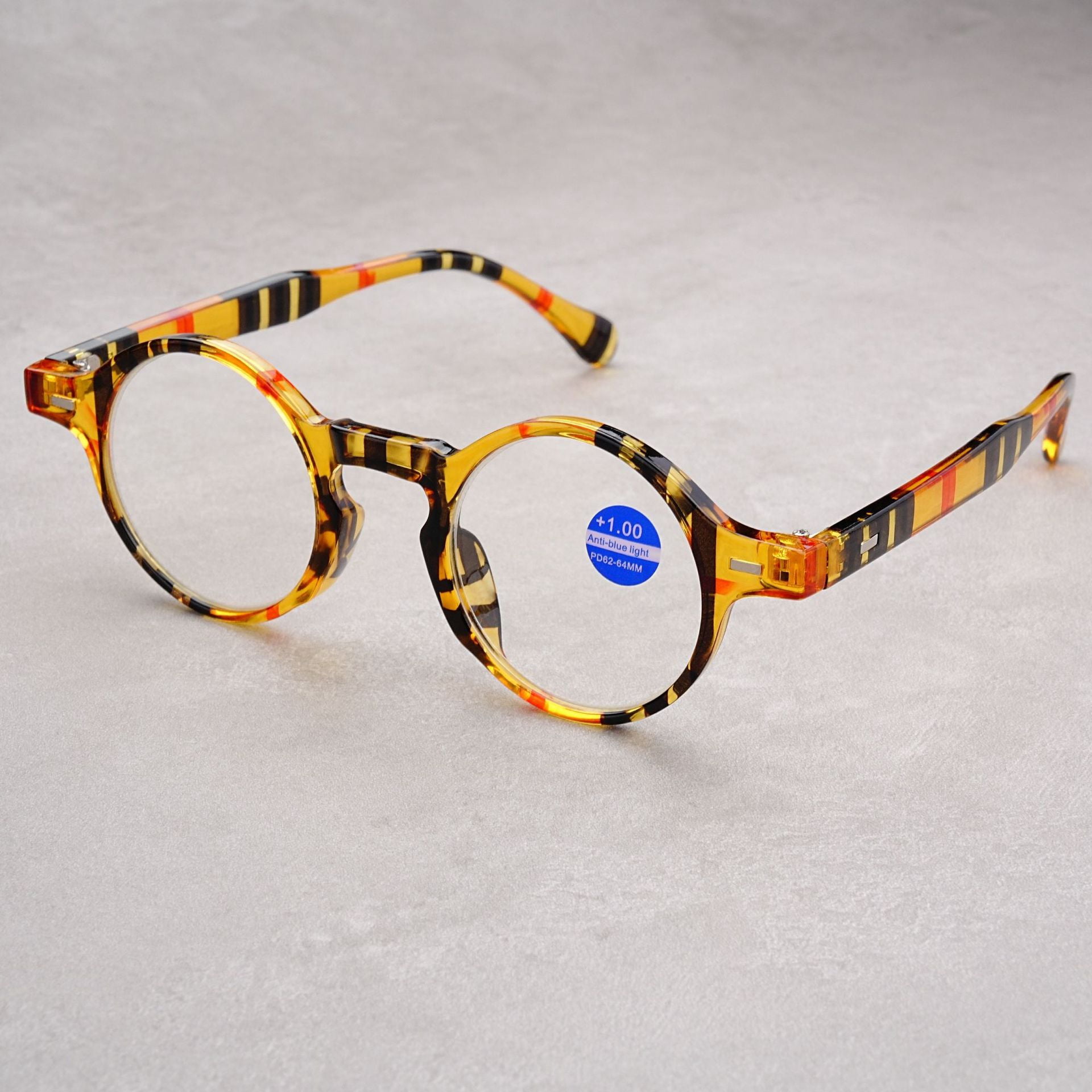 Classic Yellow Strip Round Reading Glasses 4.00 Blue Light 
