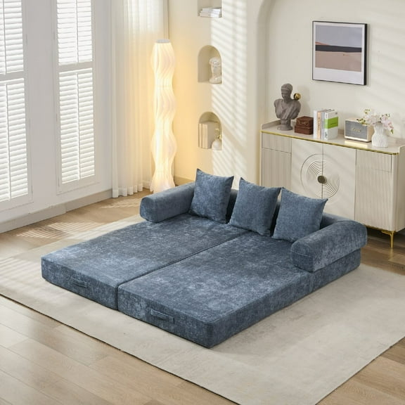 78.8" Comfy Convertible Folding Mattress Couch with Arm Pocket, Floor Sofa Bed, Chenille Floor Sofa with Armrest, Floor Sofa Lounge Couch for Living Room Bedroom Lounge Studio, Blue