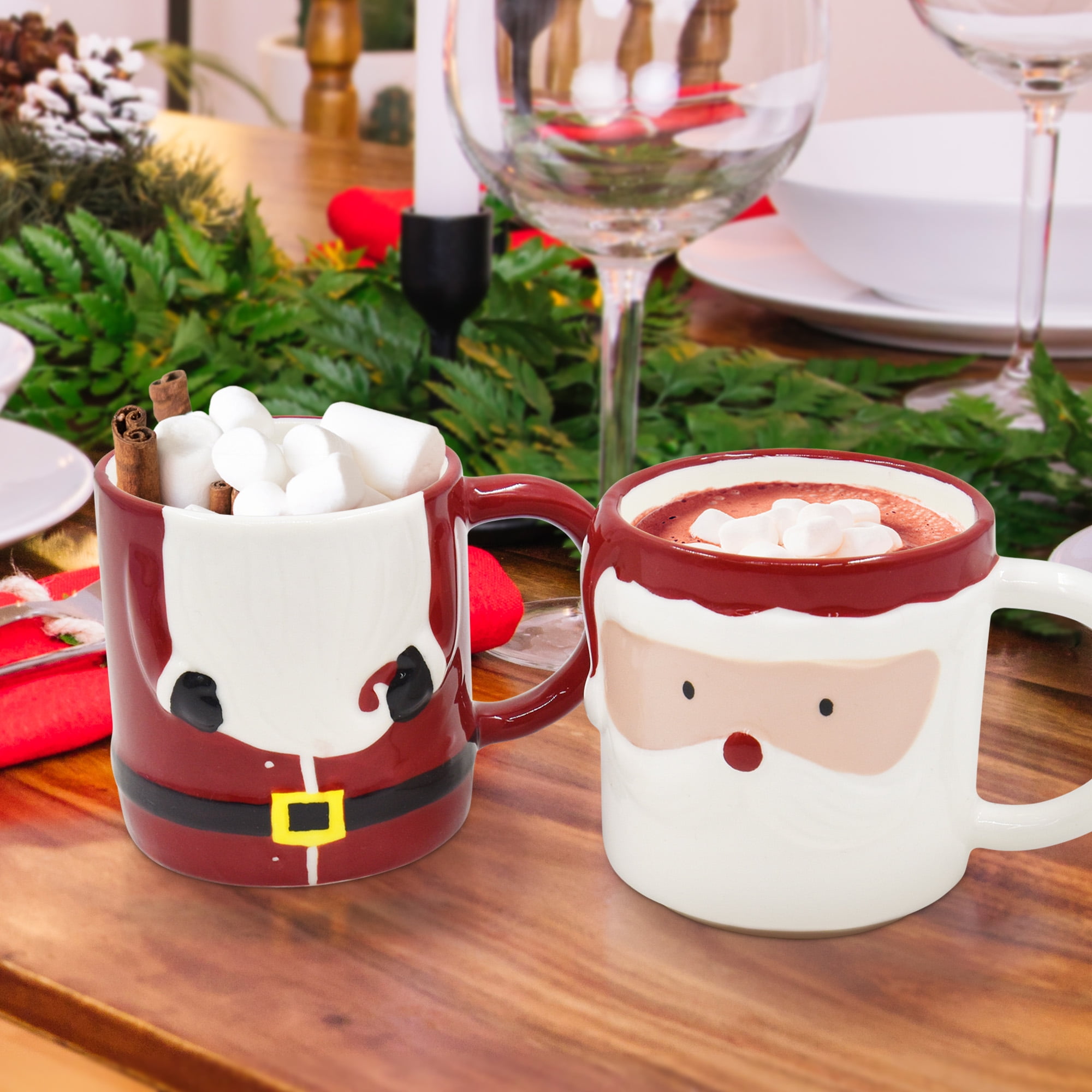 Holiday Time 2 pack Stoneware Christmas Santa Claus Stacked Mug, 22.4 oz, Festive Drinkware