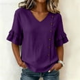 thumbnail image 6 of Ashirexll Short Sleeve Shirts for Women Summer Solid Color V-Neck Three Quarter Pleated Sleeve Button Down Slit Top T-Shirt, 6 of 7