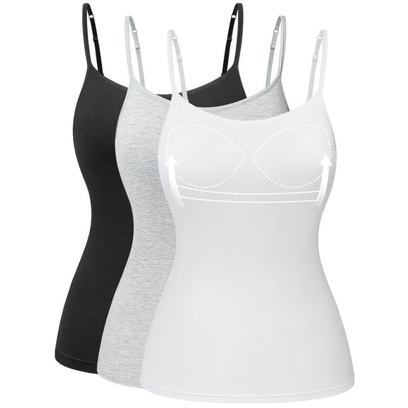 Vaslanda 3 Packs Camisole Tops for Women with Built in Padded Bra Adjustable Spaghetti Strap Summer Tank Tops
