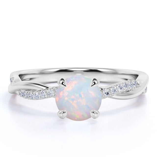 JeenMata Anillo de Compromiso de 1 Uds con Moissanita y Ópalo de Fuego de Talla Redonda en Oro Blanco de 18 K sobre Plata