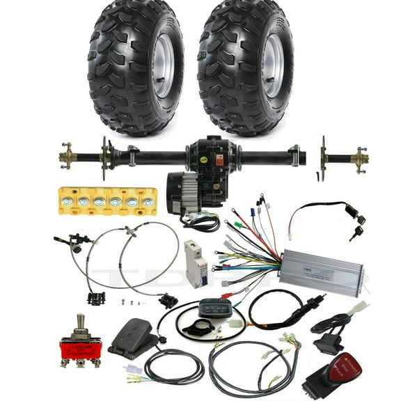 Rear Differential Axle Kit 48V 1000W Electric Motor Controller Hydraulic Brake 19x7-8 Wheels Tires DIY Parts For Go Kart Golf Cart ATV Quad Buggy Trike Tricycle 4 Wheeler Dolly (34" Axle)