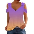 thumbnail image 2 of MORESEC Summer Holiday V Neck Tops For Women Cold Shoulder Ruffle Gradient Casual Tee Shirts Vacation Fashion Clothes, Purple XL, 2 of 5