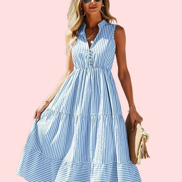 Vestido Con Estampado A Rayas, Elegante Vestido Sin Mangas Con Cintura Ajustada, Ropa De Mujer
